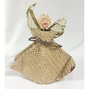 Holt Howard Ceramic Head Gold Mesh Angel Vintage MCM Christmas Tree Topper 8.5”